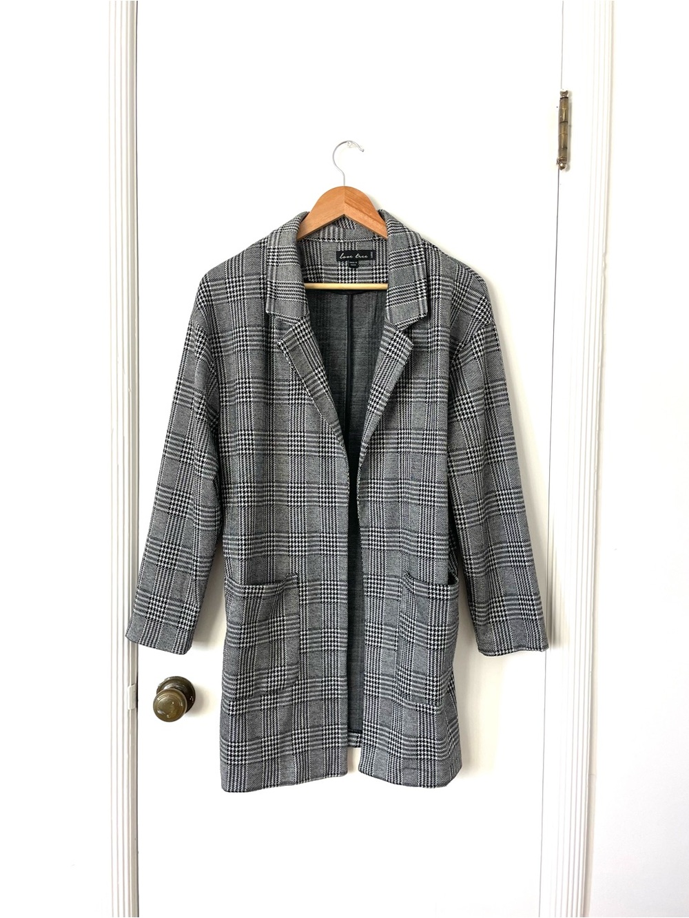 Love Tree Gray Plaid Long Open-Front Blazer